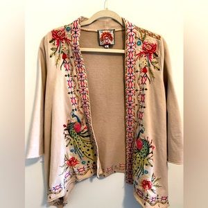Johnny Was Embroidered Peacock Tan Cardigan SIZE XS